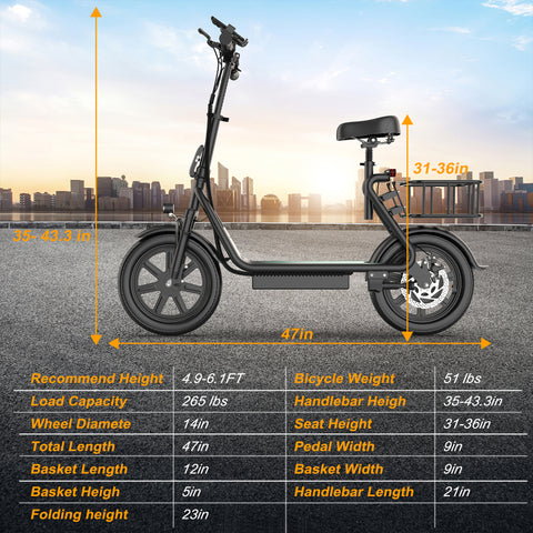 ESBS 500W 14 inch Commuter Electric Scooter 10.4Ah with Seat &Carry Basket With App